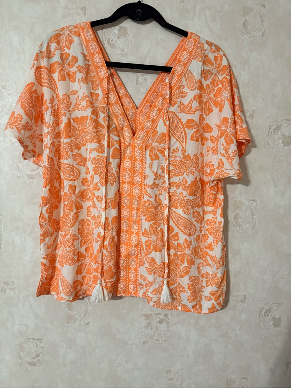 Lane Bryant Orange Floral V-Neck Tassel Tunic